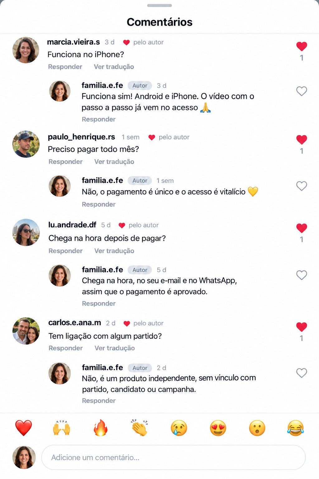 Perguntas sobre o pack respondidas nos comentários: funciona no iPhone, se o pagamento é mensal, se chega na hora e se tem ligação com partido