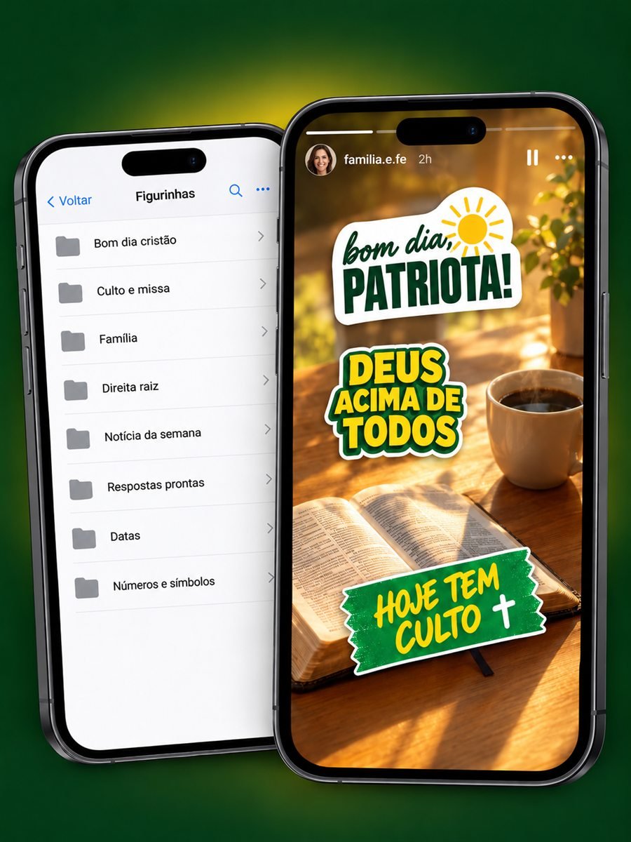 Celular mostrando um story com figurinhas e, ao lado, as pastas do pack organizadas por categoria