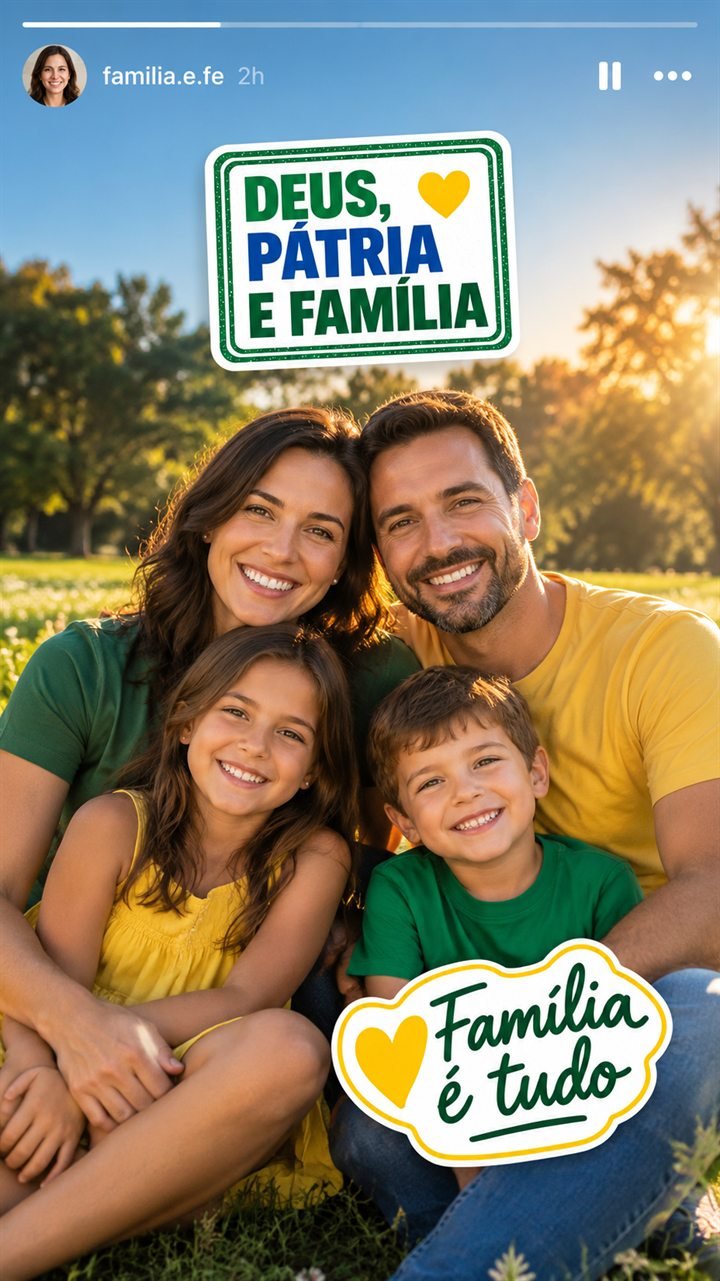 Story de família no parque com as figurinhas Deus, pátria e família e Família é tudo