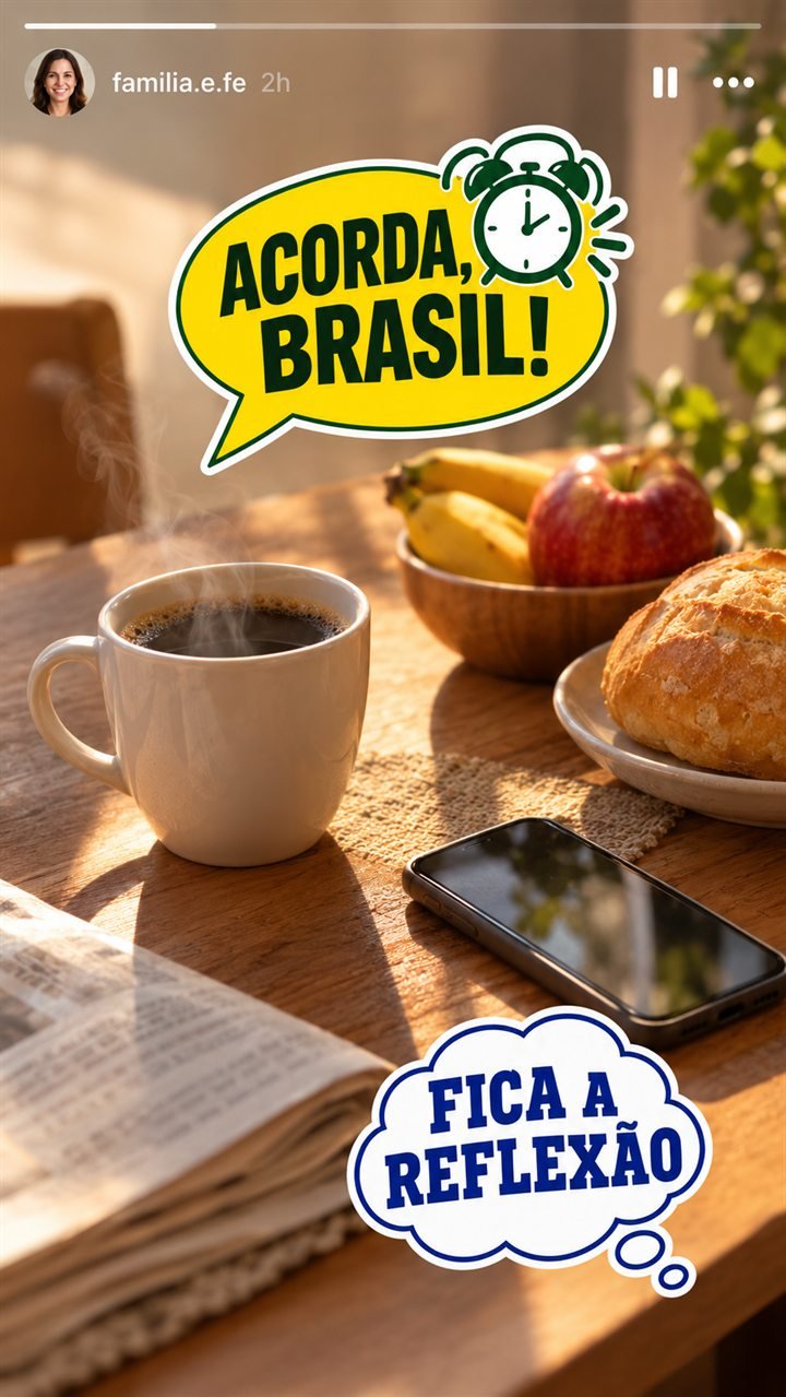 Story de café da manhã com as figurinhas Acorda, Brasil! e Fica a reflexão